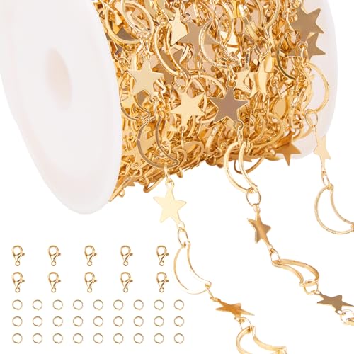 Jabogrii 5 Meters Star Moon Jewelry Making Chains Gold Plated Brass Chain | DIY Jewelry Making Supplies Necklace Bracelet Craft Chain Roll for Jewelry Making - color: Moon Gold