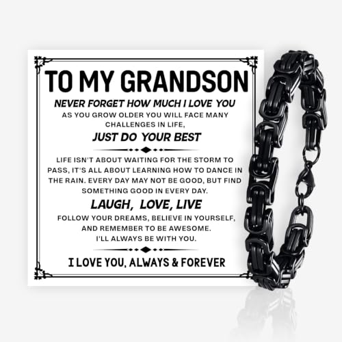 Grandson Gifts from Grandma Grandpa, Black Stainless Steel Bracelet with Meaningful Message Card, Birthday Gift for Grandson, Graduation Christmas Gift, Inspirational Keepsake Jewelry for Men - color: Grandson #4