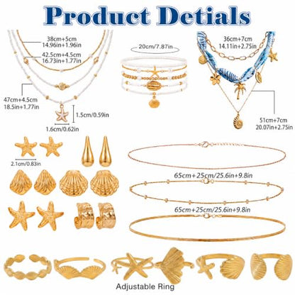 Boho Beach Jewelry Sets for Women | Summer Seashell Starfish Accessories, Necklace, Earrings, Rings Anklet - style: 26pcs Ocean Beach Set