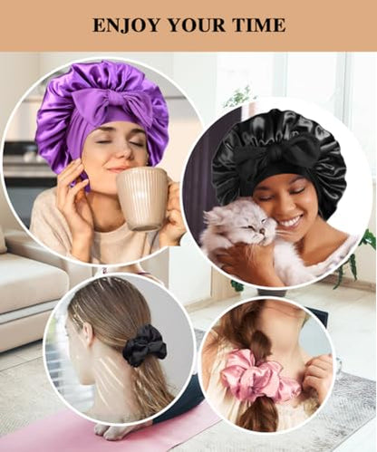 2+3 Large Satin Bonnets with Scrunchies for Women, Hair Bonnet Sleeping Tie Bonnet for Braids Curly Hair - color: E - Black, Purple