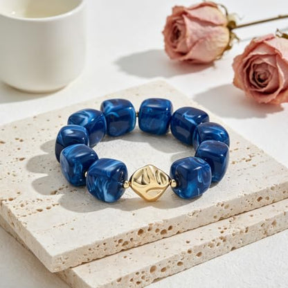 Chunky Beaded Bracelet for Women-Boho Bold Acrylic Resin Stretch Bracelets Trendy Summer Beach Elastic Bangle Vacation Jewelry Accessories - color: Style 2-Dark-Blue