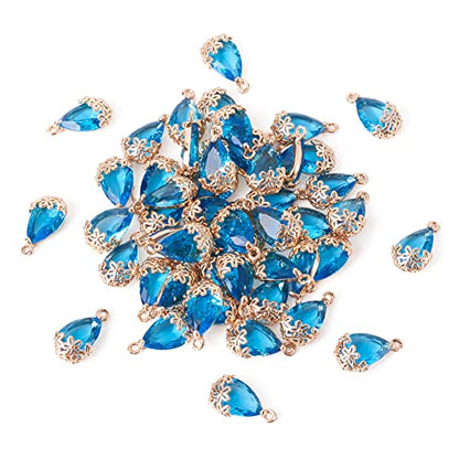 Cheriswelry 50pcs Faceted Teardrop with Flower Transparent Glass Charms Dodger Blue Crystal Dangle Pendants 16x9mm for DIY Craft Earring Bracelet Necklace Jewelry Making Supplies - color: Dodger Blue