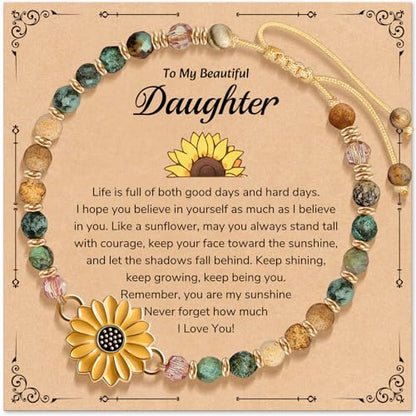 Inspirational Bracelets Gifts for Women: Healing Natural Stone Beads Bracelets - Birthday Mothers Day Gifts Thinking of you Get Well Soon Gift for Women Friends Sister Mom - color: SUNFLOWER-DAUGHTER