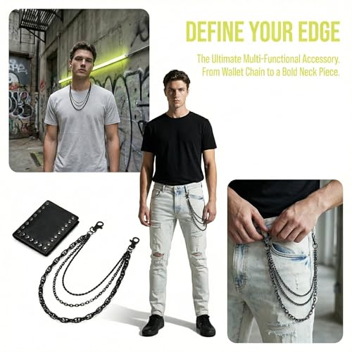 NIIIYTYB Gothic Black Purse Chain Belt for Women Matte Waist Belt Chains and Wallet Strap Accessories 3 Chain for Goth Grunge Pants Western Style Jewelry
