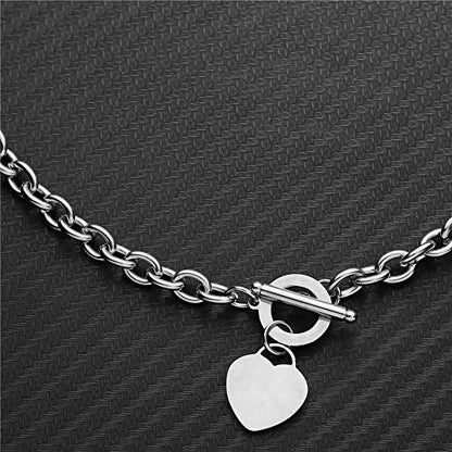 WangGao Elegent Love Stainless Steel Link Chain Blank Heart Charms Necklace for Women Toggle Clasp Closure - color: Silver, size: 19.6inches