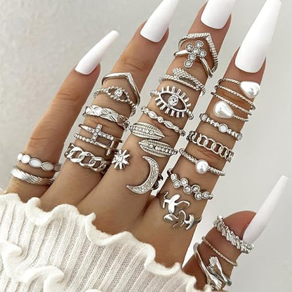 HUASAI Gold Stackable Rings Set for Women Boho Dainty Moon Star Pearl Leaf Cubic Zirconia Heart Midi Pinky Trendy Jewelry Birthday Gifts - color: C Silver 23 Pcs