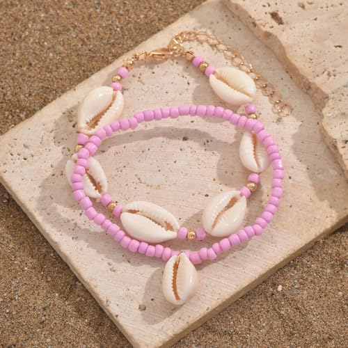 INENIMARTJ Puka Shell Anklets Bracelet for Women Colorful Shell Beaded Anklet Summer Ocean Hawaiian Beach Foot Jewelry Mermaid Seashell Anklets Jewelry for Women - color: pink