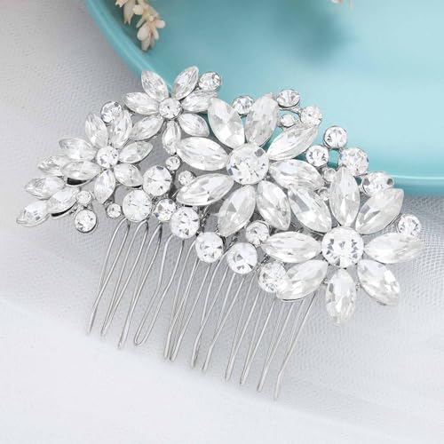 Olbye Wedding Hair Comb Rhinestone Hair Accessories Bridal Head Pieces Flower Bride Silver Crystal Headpiece Bridesmaids Head Side Combs Brides Accessories for Women (Silver C) - color: Silver C