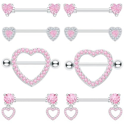 BSJ4U Nipple Ring and Belly Button Ring Set 14G Stainless Steel Sparkly Pink CZ Heart Bar Barbell Nipple Belly Piercing Body Jewelry - style: Cute