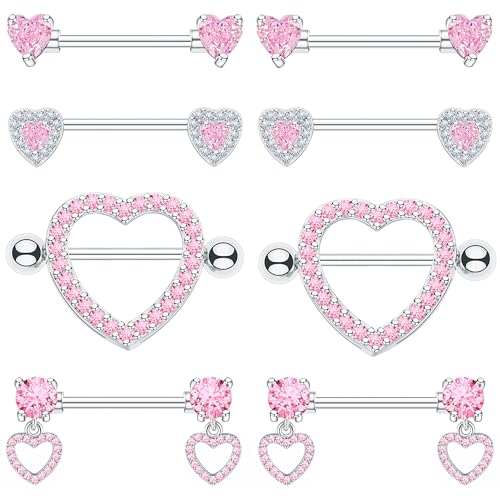 BSJ4U Nipple Ring and Belly Button Ring Set 14G Stainless Steel Sparkly Pink CZ Heart Bar Barbell Nipple Belly Piercing Body Jewelry - style: Cute