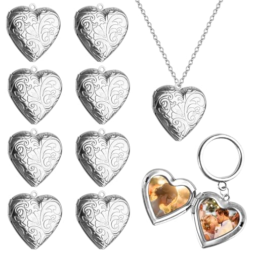 AUEAR, 10 Pack Silver Heart Photo Frame Charms DIY Locket Pendants for Necklace Keychain Jewelry Making
