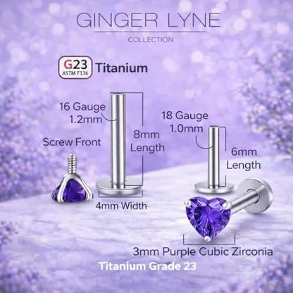 Titanium Heart CZ Labret Stud Earrings for Piercings by Ginger Lyne 6Pc Set G23 Screw Front Flat Back Body Jewelry 2 pair post 6mm, 8mm Cartilage, Helix, Tragus, Lip, Conch, Lobe - color: 3mm-DKPurple