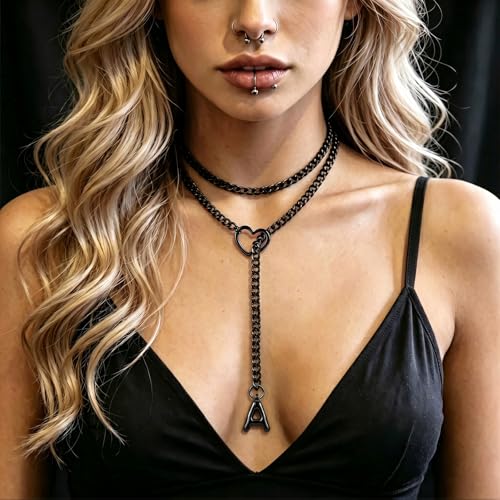 Black Heart Slip Chain Initial Necklaces for Women, Stainless Steel Wrap Choker Necklace, Gothic O-Ring Adjustable Lariat Y Necklaces, Punk Cuban Collar Choker Necklace, Halloween Jewelry Gift - color: Black A