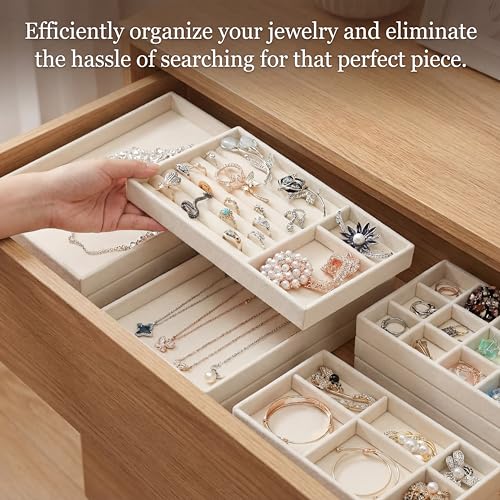 Kenning 16 Pcs Stackable Jewelry Organizer Trays for Drawers, Velvet Jewelry Drawer Inserts Trays Earring Organizer, 8. 3x5x1 Inch Dresser Ring Easter Earring Storage Display for Women Teacher Gifts