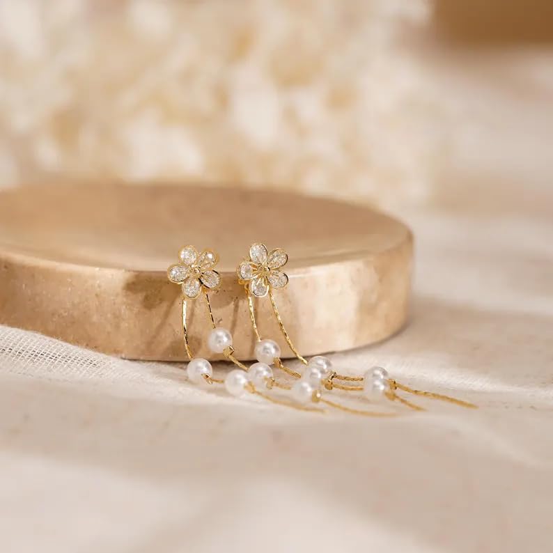 14K Gold Plated CZ Flower Dangle Earrings for Women, Sparkly Cubic Zirconia Long Tassel Drop Earrings, Bridal Wedding Jewelry - color: D:Flower earrings