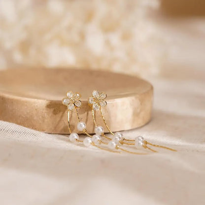 14K Gold Plated CZ Flower Dangle Earrings for Women, Sparkly Cubic Zirconia Long Tassel Drop Earrings, Bridal Wedding Jewelry - color: D:Flower earrings