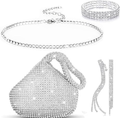 4 Pieces Rhinestone Jewelry SetClutch Purse Prom Jewelry Sets Wedding Bridal Jewelry Rhinestone Necklace Dangle Ear ClipCrystal Jewelry Set Wedding Party (Cute Style)