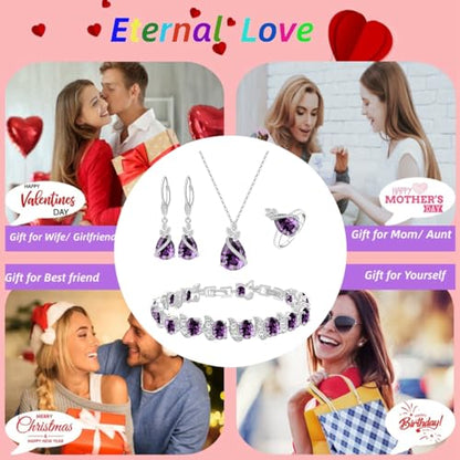 LMXXVJ Jewelry Set for Women,Teardrop Cubic Zirconia Necklace Earrings Adjustable Ring Bracelet Jewelry Set Formal Jewelry Gift - color: SYSD-White Gold-Purple