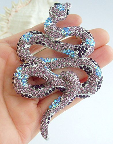 Classic 3.94" Unique Animal Snake Brooch Pin Pendant Austrian Crystal BZ5847 - color: Silver-Tone Purple