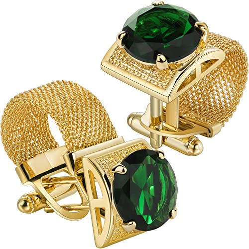 HAWSON Mens Cufflinks with Chain - Stone and Shiny Gold Tone Shirt Accessories - Party Gifts for Young Men - color: 24K Gold Color+Green Crystal