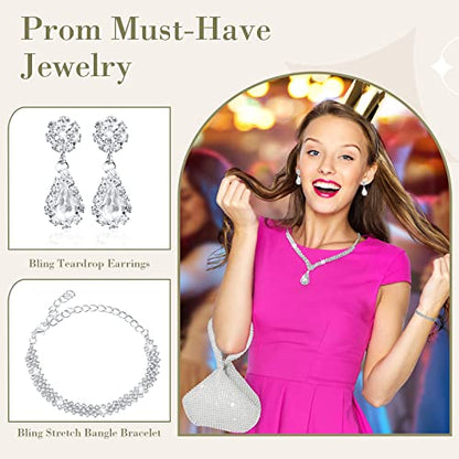 4 Pcs Silver Clutch Purse Jewelry Set for Women Rave Accessories Evening Rhinestone Purse Silver for Bride Wedding - style: Shiny Style