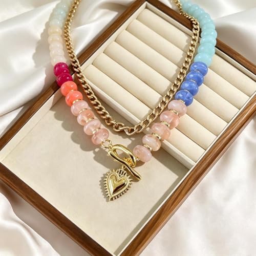 Layered Beaded Necklace for Women, Colorful Acrylic Rainbow Beads | Adjustable Chain & Heart Pendant, Lightweight Bead Necklace for Women, Waterproof Resin, Summer Handmade Jewelry Gift