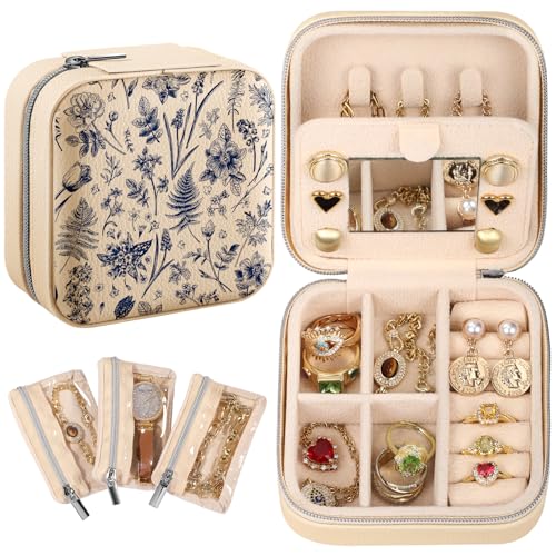 Bistup Travel Jewelry Case - Small Jewelry Organizers and Storage Box for Women Girls Teens Cute Traveling Jewelry Holder with Mirror Little Tiny Compact Modern Unique Aesthetic Pretty, Blue Floral - style: Blue Floral