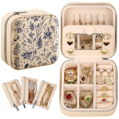 Bistup Travel Jewelry Case - Small Jewelry Organizers and Storage Box for Women Girls Teens Cute Traveling Jewelry Holder with Mirror Little Tiny Compact Modern Unique Aesthetic Pretty, Blue Floral - style: Blue Floral