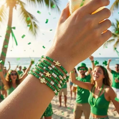 Gold Beaded Bracelets Stack for Women Stocking Stuffers 12PCS Boho Gold Plated Seed Beads Bracelet Stretch Star Stackable Accessories Jewelry Friendship Fall Christmas Gifts for Women - color: 10pcs- Green St.Patrick's Day Bracelet