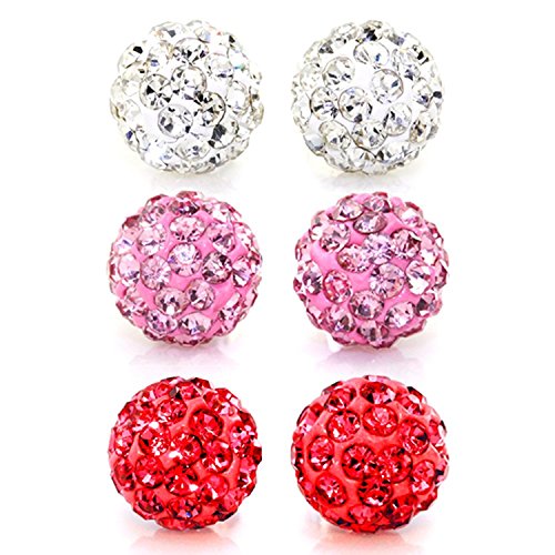 JewelrieShop Rhinestones Crystal Ball Stud Earrings Set Fireball Disco Ball Pave Bead Earrings Hypoallergenic for Women - color: Set L. 8mm x 3 Pairs (White, Lt. Rose Pink, Red)