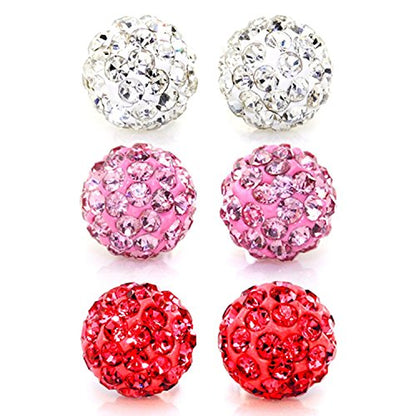 JewelrieShop Rhinestones Crystal Ball Stud Earrings Set Fireball Disco Ball Pave Bead Earrings Hypoallergenic for Women - color: Set L. 8mm x 3 Pairs (White, Lt. Rose Pink, Red)