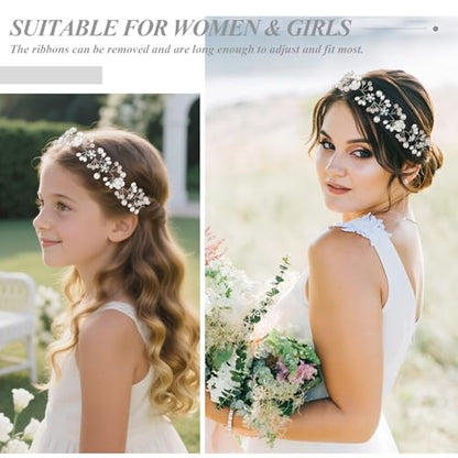 Wecoe Flower Girl Headpieces 2pcs Silver Crystal Beads Pearl Headbands Wedding Bridal Flower Girl Hair Accessory Princess Hair Accessories for Birthday, Party, First Communion, Baptism - color: Silver B