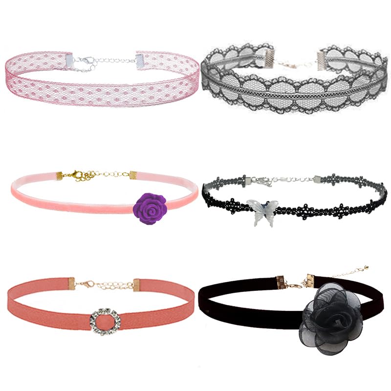 Nova&Aria Chokers Set For Women Heart Choker Necklaces Flower Pendant Velvet Cute Pink Turquoise Blue White Black Choker Necklace Christmas Colorful Lace Chokers - color: Black&Pink B