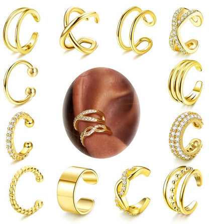 12Pcs Ear Cuff Earrings for Women Non Piercing 14K Gold Plated Ear Cuffs Non Pierced Clip on Cartilage Earring Adjustable Fake Earrings - color: 14 K Gold Ear Cuffs