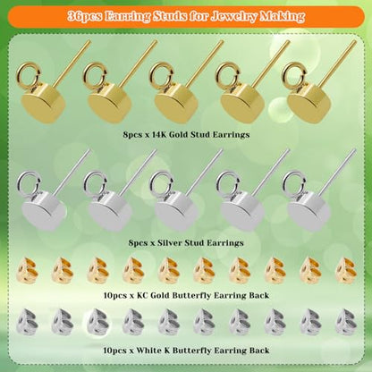 36pcs Earring Studs for Jewelry Making,Gold Plated Stud Earrings Stainless Steel Earring Posts Stud Earring with Loop Ball Post Stud Earrings with Ear Nuts for DIY Earrings Making(14K Gold,Silver) - color: 36pcs;14K Gold,Silver