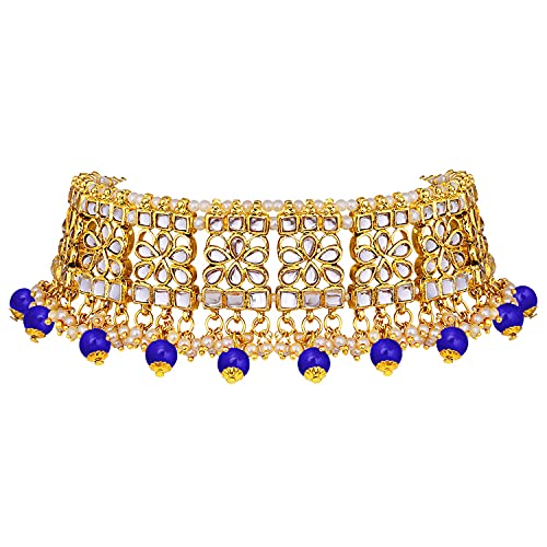 Aheli Elegant Indian Faux Kundan Studded Choker Necklace with Maang Tikka Set Ethnic Wedding Wear Bharatanatyam jewellery set Gift for Women - color: Blue 2