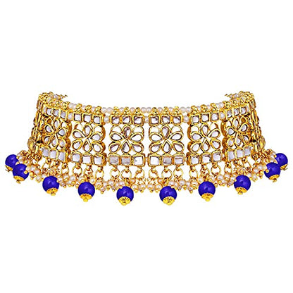 Aheli Elegant Indian Faux Kundan Studded Choker Necklace with Maang Tikka Set Ethnic Wedding Wear Bharatanatyam jewellery set Gift for Women - color: Blue 2
