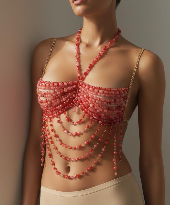 Red Beaded Bra, Body Chain Jewelry, Festival/Burlesque Costume