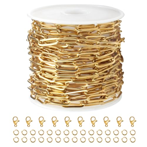 16.4 FT Gold PVD Plated Chains for Jewelry Making 4MM Paperclip Chain Link | Stainless Steel Gold Chain Bulk with Lobster Clasps Jump Rings for Women Men Necklace Making Supplies - color: Gold-5