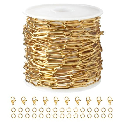 16.4 FT Gold PVD Plated Chains for Jewelry Making 4MM Paperclip Chain Link | Stainless Steel Gold Chain Bulk with Lobster Clasps Jump Rings for Women Men Necklace Making Supplies - color: Gold-5