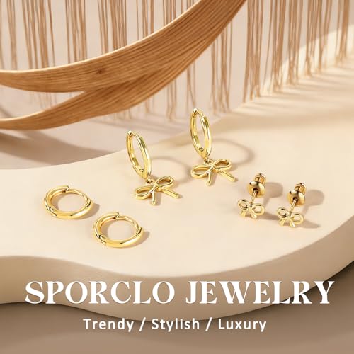 14K Gold Hoop Dangle Stud Earrings Surgical Steel Helix Piercing | Hypoallergenic,Cubic Zirconia,3 Pairs Huggie Hoop Set for Women,Dangle Stud,Cartilage Tragus Conch Earring,Jewelry Gift - color: B1-Gold Bow Earrings