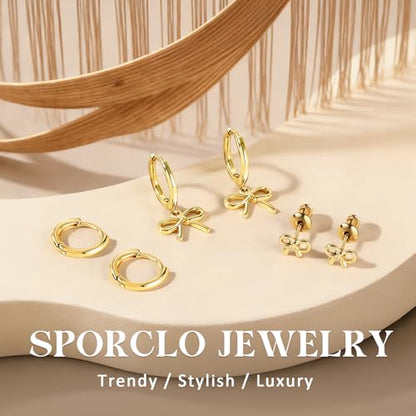 14K Gold Hoop Dangle Stud Earrings Surgical Steel Helix Piercing | Hypoallergenic,Cubic Zirconia,3 Pairs Huggie Hoop Set for Women,Dangle Stud,Cartilage Tragus Conch Earring,Jewelry Gift - color: B1-Gold Bow Earrings