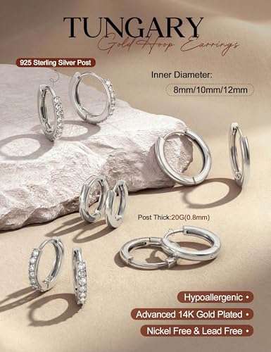 Tungary Small Gold Hoop Earrings for Women Huggie CZ Hoops Earring Stacks | Hypoallergenic Earing Hoops for Sensitive Ears, Earrings Stack Set for Cartilage, Secure Clasp, Silver/Black/14K Gold Plated - color: Silver-Sterling Silver Post