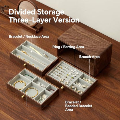 Wooden Jewelry Box, Large, Black Walnut Wood | For Women & Men, Velvet Lined Organizer, 3 Drawers, Brass Handles, Earring Ring Necklace Storage - size: 3 drawers