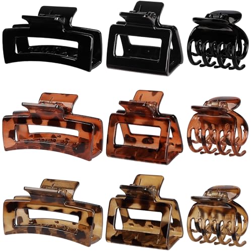 CHANDAT Medium Hair Clips Set for Women - 3Styles, 9PCS - Leopard | Rectangle Hair Clips for Thick Hair, Square Claw Clips for Thin Hair, Non-Slip Strong Hold, Matte Hair Accessories - color: Leopard