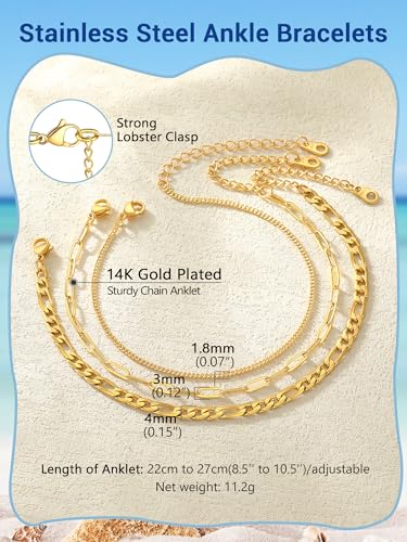 PROSTEEL Ankle Bracelets for Women, Silver/Gold/Black, Waterproof Anklets | Waterproof, Stainless Steel, Summer Beach Jewelry, Durable & No Tarnish, Come with Gift Box, 8-10.5" Adjustable, Plus Size - color: M: gold-3pcs