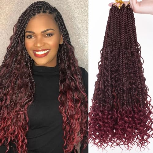Unionbeauty 18 Inch Boho Box Braids Crochet Hair 8 Packs Goddess Box Braids Crochet Hair with Curly Ends Bohemian Box Braids Crochet Braids Ombre Burgundy Crochet Box Braids for Black Woman TBUG# - color: TBUG#, size: 18 Inch (Pack of 8)