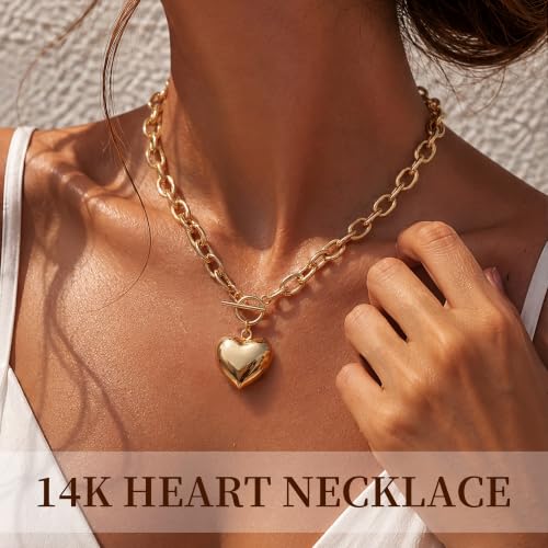 Chunky Gold Necklace for Women | 14K Gold Plated Hammered Heart Pendant O-Link Chain Necklace with Toggle Clasp, Waterproof Statement Jewelry Gift for Her - color: Dainty Gold Heart Necklace