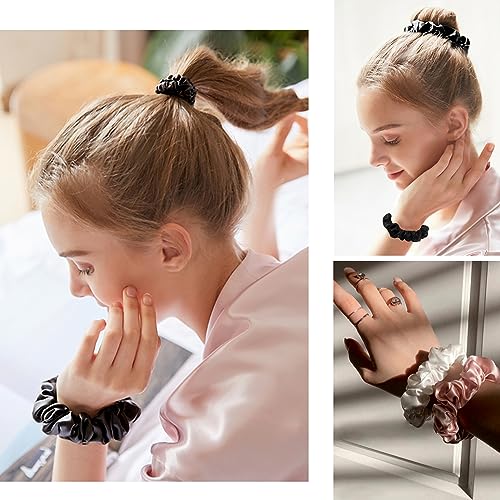 Satin Silk Scrunchies Hiar Ties for Women Girls Ponytail Holders 20 Pcs Mini Black Bulk Scrunchies Elastic Hair Bands for Thick Curly Hair Pony Tails Hair Ties - color: Dark Blak