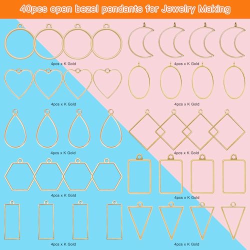 40pcs Open Bezel Pendants 10 Styles Hollow Frame Pendants Open Back Frame Pendant Geometric Hollow Bezel Pendant for Jewelry Making,Resin Casting,Pressed Flower,DIY Crafts(K Gold) - color: 40pcs;K Gold;10 Styles